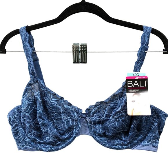 NWT BALI Lined Support Underwire Bra 40C Blue Lace Lightly Lined - Picture 1 of 9